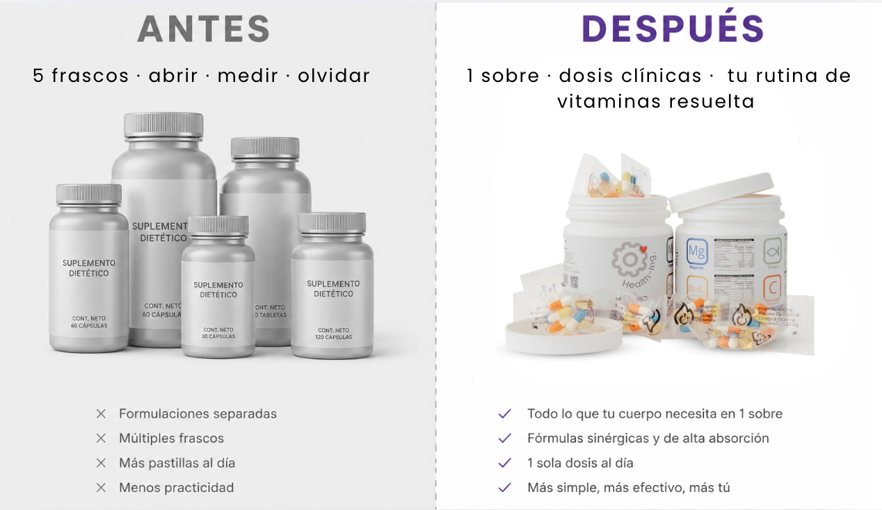 Antes 5 frascos vs Después 1 sobre Daily Packs Health-ing